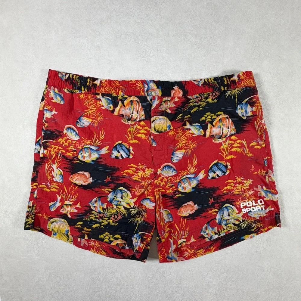 Vintage Polo Sport Ralph Lauren Red Tropical Fish Swim Trunks Mens Large L 90s